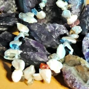 💦 🏖️MOTHER OF PEARL, AMBER, BLACK ONYX,  BLUE TOPAZ  STERLING NECKLACE, 20"in.